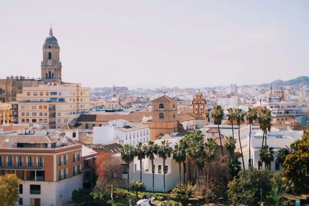  A rooftop view across sun-washed Malaga with the cathedral bell tower rising above the palm-lined old city below