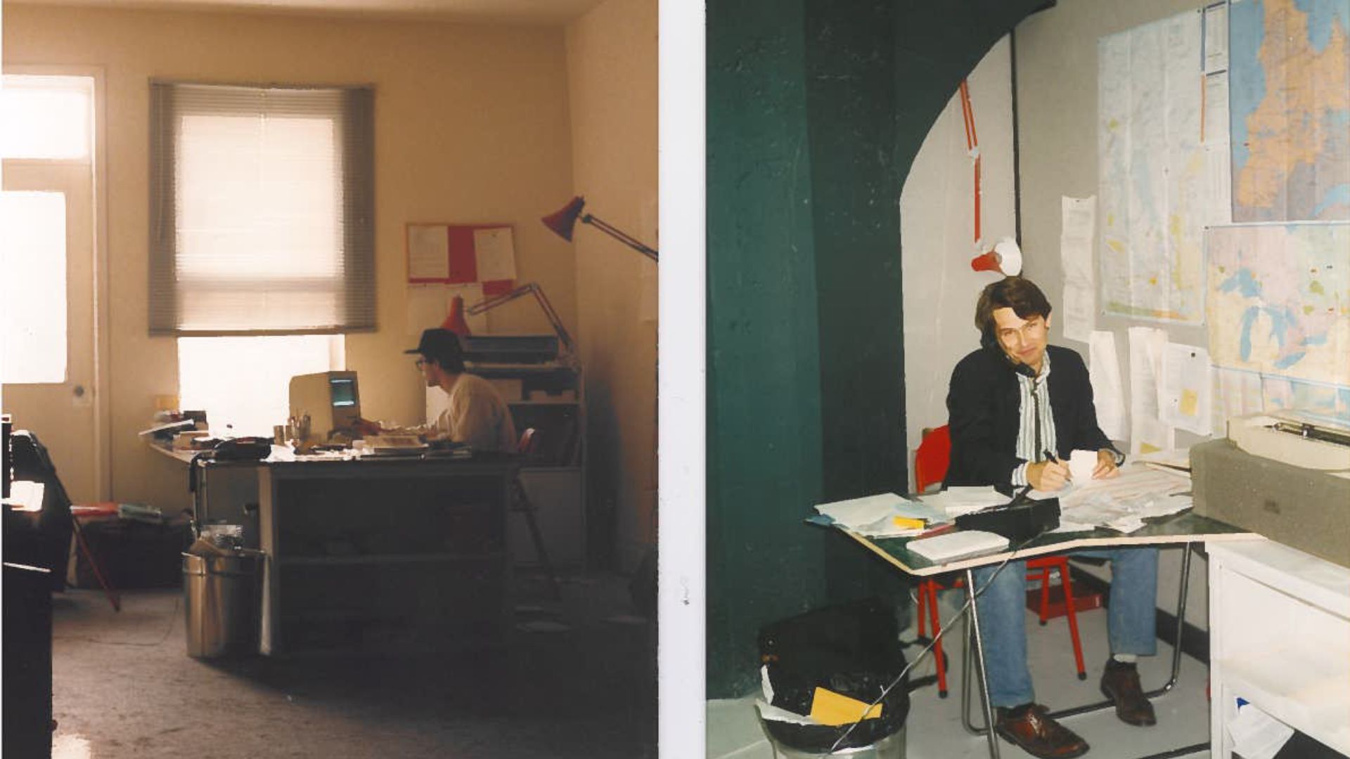 Photo on the left: Founder Xavier using text document in their first Macintosh computer. Photo on the right: Founder Sébastien Letailleur making their first sales call from their new office in 1992.