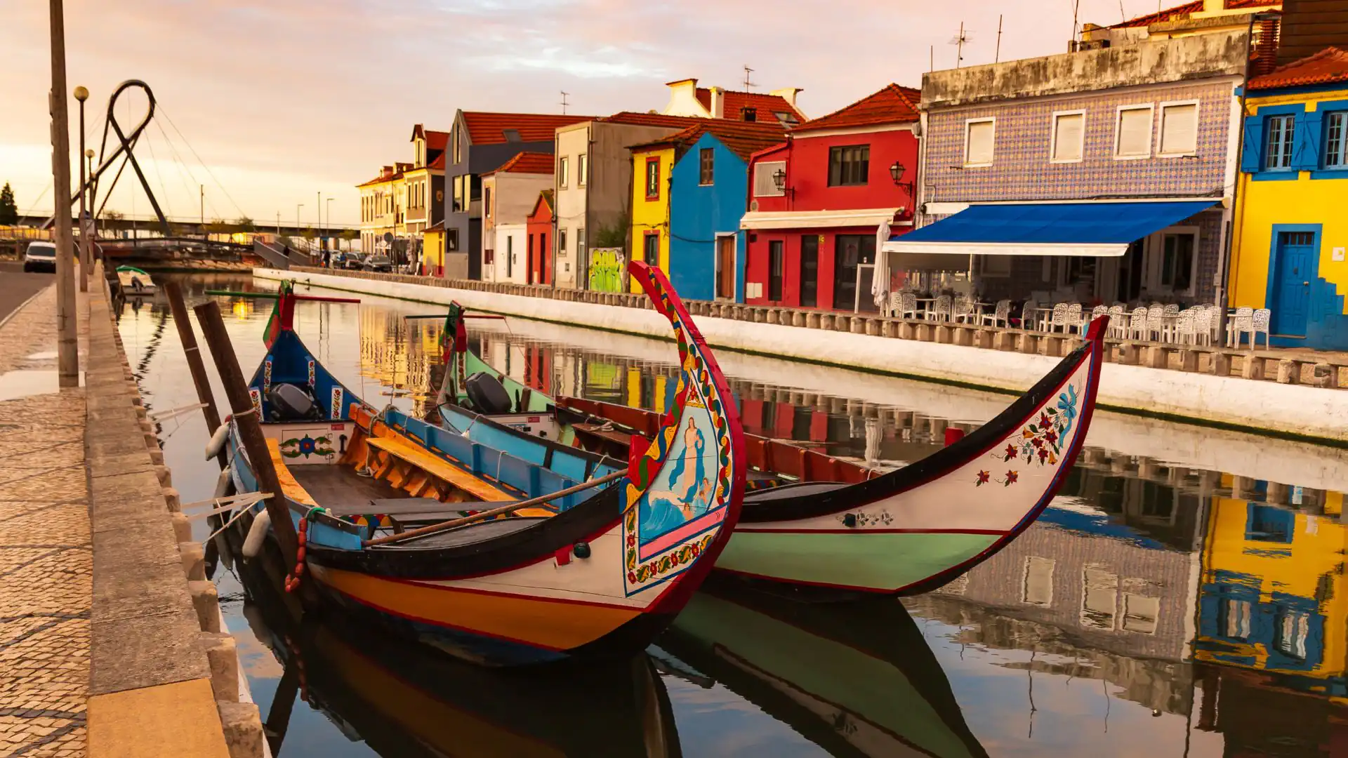 Hand-painted moliceiro boats line the canals of Aveiro, often called the Venice of Portugal.