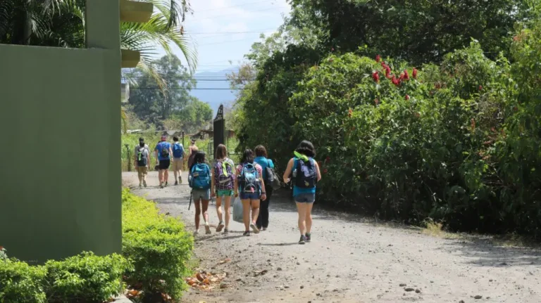 A group of Prometour student volunteers with backpacks walking along a sunny Costa Rican road lined with tropical plants