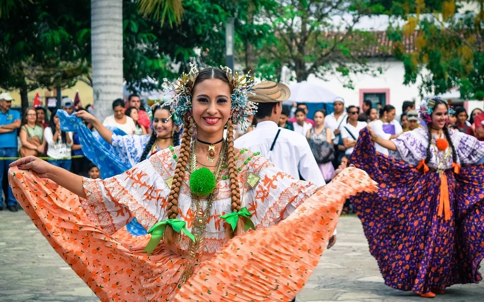 A Costa Rican folkloric dancer twirls her ruffled dress at an outdoor cultural festival, celebrating the country's rich dance traditions