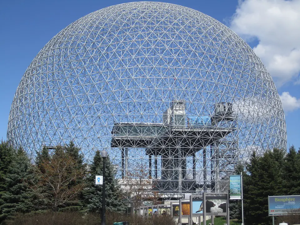 The Montreal Biosphere's iconic geodesic dome on Ile Sainte-Helene was designed by Buckminster Fuller for Expo 67 and today serves as an environmental museum