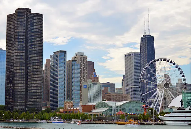 The Chicago skyline and Navy Pier Ferris wheel glow at dusk above Lake Michigan, one of the most dramatic urban waterfront views in North America