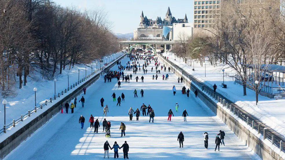 Hundreds of skaters take to the frozen Rideau Canal in Ottawa, the world's largest naturally frozen skating rink and a beloved Canadian winter tradition