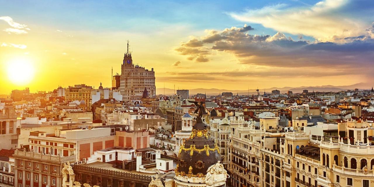 A bright sunny day with a skyline view of Madrid, Spain