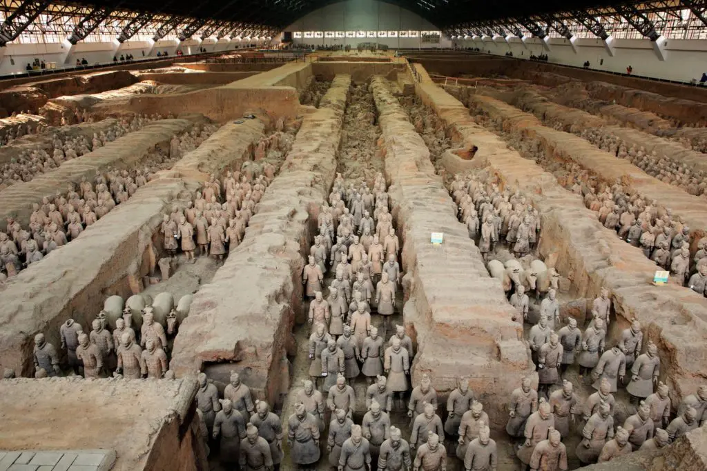 Thousands of unique terracotta soldiers stand in formation in Xian, guarding China's first emperor for over 2,000 years