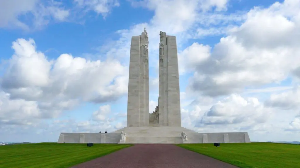 The Canadian National Vimy Memorial in northern France honors the soldiers who fell at the Battle of Vimy Ridge in 1917